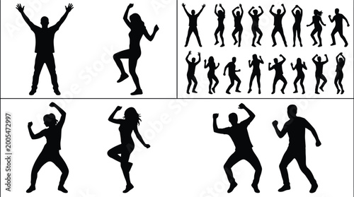Quadro su tela Dancing people silhouette collection, happy men and women celebrating, party group set, active lifestyle, fitness and joy, vector