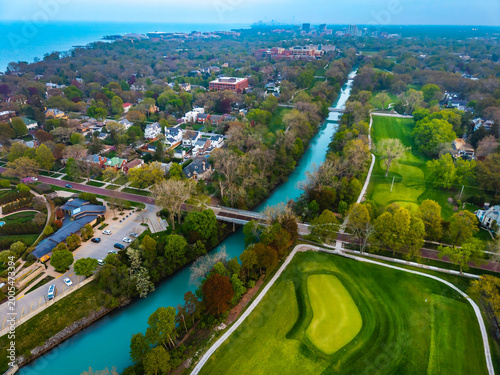 Aerial View of North Shore Channel Through Suburban Wilmette Illinois