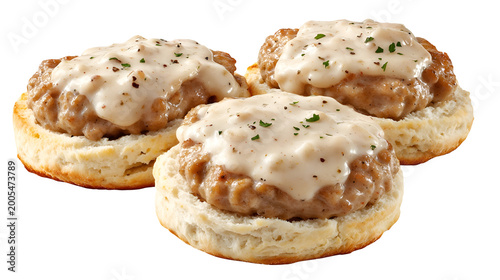 Biscuits and gravy with sausage patties topped in creamy white gravy, served on split biscuits isolated on white background.