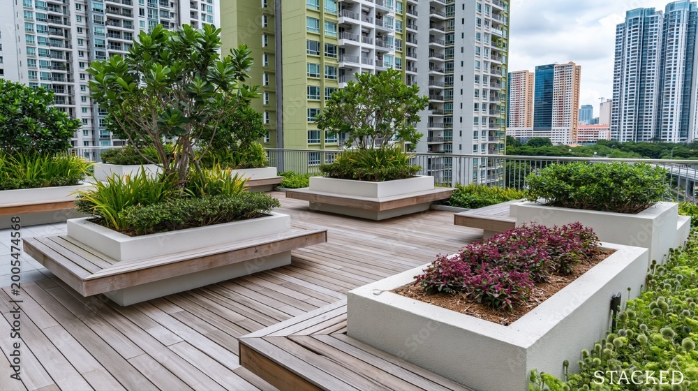 Naklejka premium Modern Rooftop Terrace with Lush Greenery and Cityscape Views