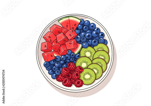 Colorful Fruit Salad with Watermelon, Blueberries, Kiwi, and Raspberries in a Bowl