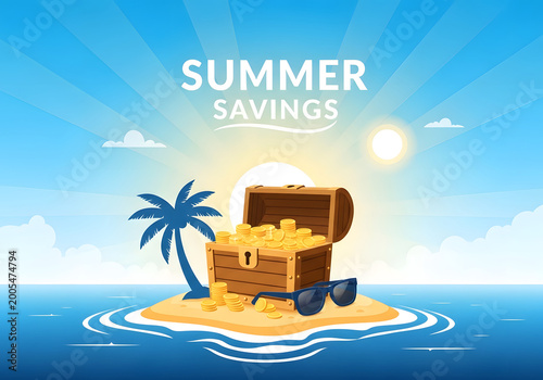 Treasure Chest with Coins on a Tropical Island for Summer Savings Promotions
