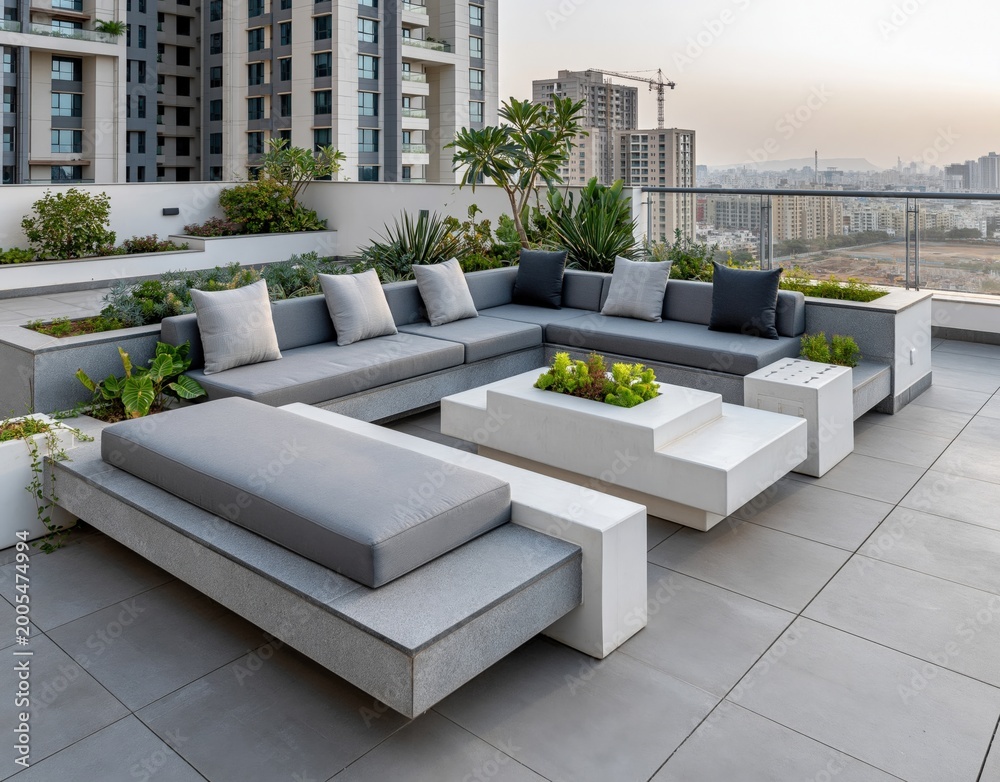 Fototapeta premium Modern Rooftop Terrace Lounge Area with Contemporary Modular Seating and Cityscape Views