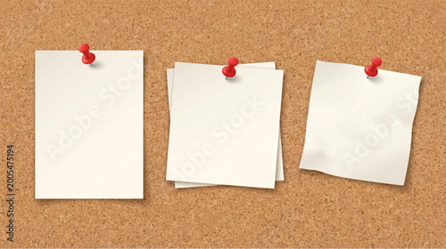 Set of blank white sticky notes pinned with red push pins on a brown cork board background.