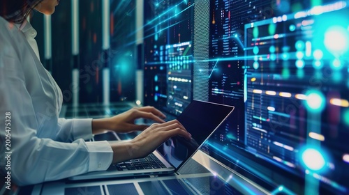 IT engineer designs data infrastructure, pipeline development and integration via laptop, building data processing system and warehouse with big data and cloud computing for enterprise IT architecture