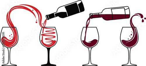 Foto Stylized vector illustration of red wine pouring into glasses with dynamic splas