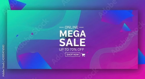 Vibrant online mega sale banner with dynamic gradient background and call to action button
