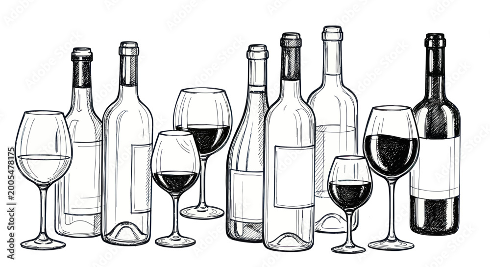 Fototapeta premium Hand Drawn Wine Bottles and Glasses Collection