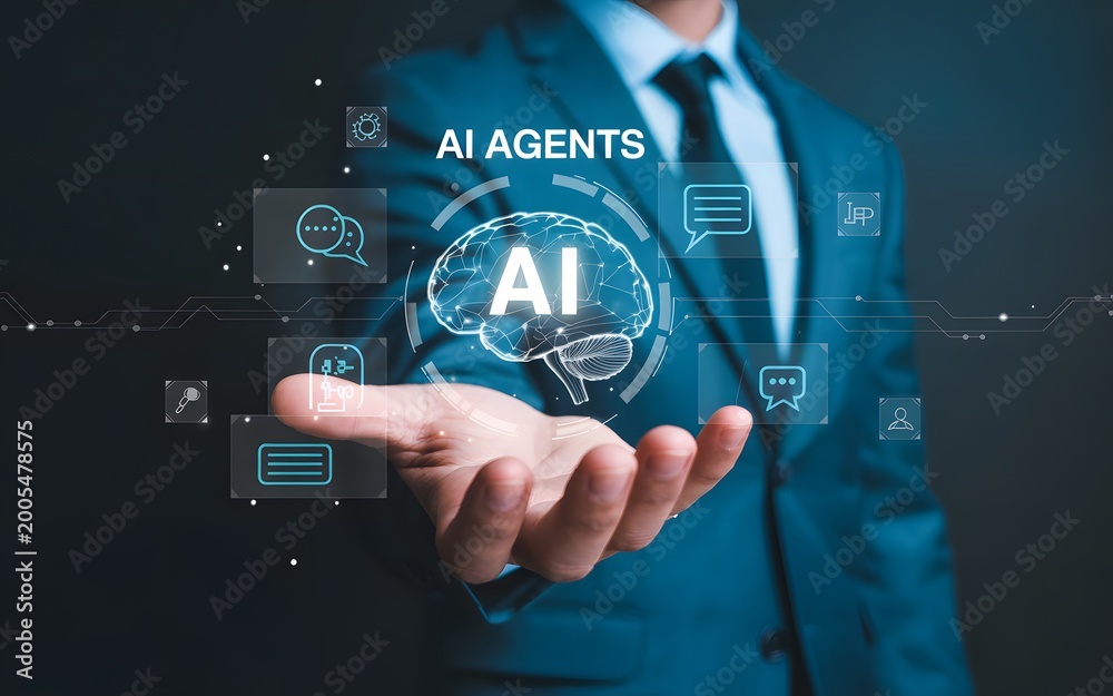 Naklejka premium Businessman holding hologram of ai brain for artificial intelligence concept.