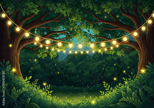 Enchanted Forest with String Lights and Fireflies at Dusk