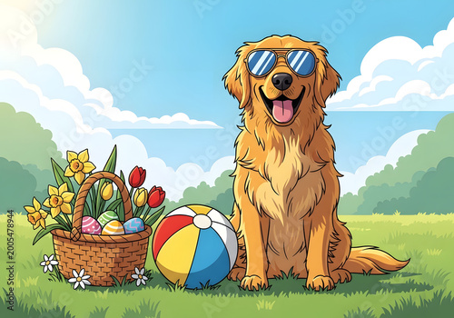 Happy Golden Retriever Dog with Sunglasses in Springtime Scene with Easter Basket and Beach Ball