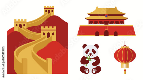 Illustrative Collection of Famous Chinese Landmarks and Symbols Featuring the Great Wall, Tiananmen Gate, Panda, and Lantern