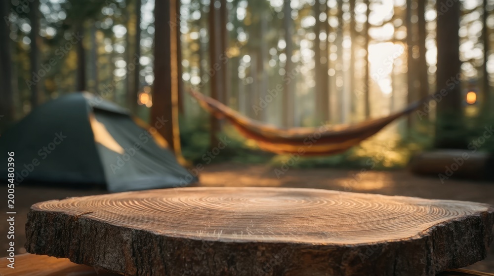 Fototapeta premium Serene Outdoor Camping Scene with Hammock and Wood Slice Surrounded by Tall Trees in a Peaceful Forest Setting
