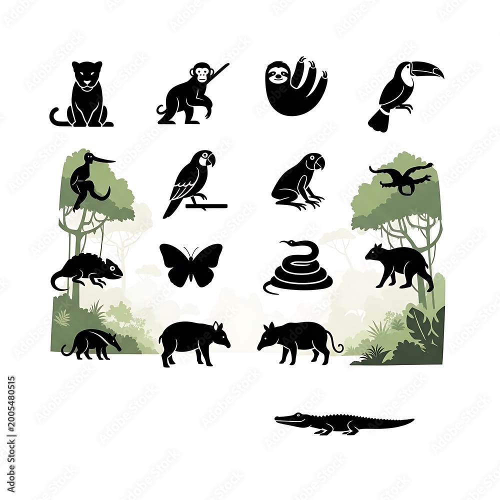 Fototapeta premium Black silhouettes of jungle animals.
