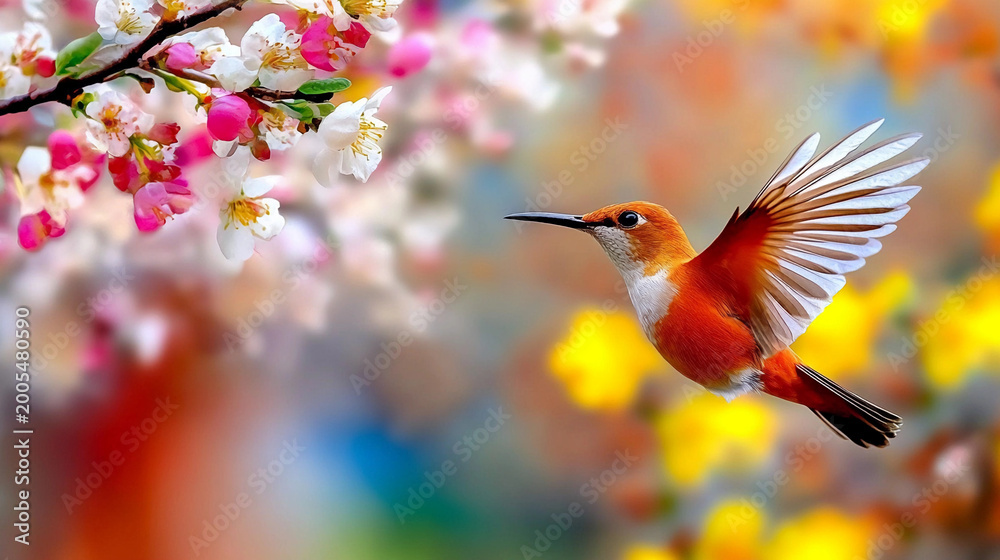 Obraz premium Hummingbird hovering in flight towards a blooming branch against blurred background. Wildlife nature, ornithology and birdwatching concept. Macro shot for poster