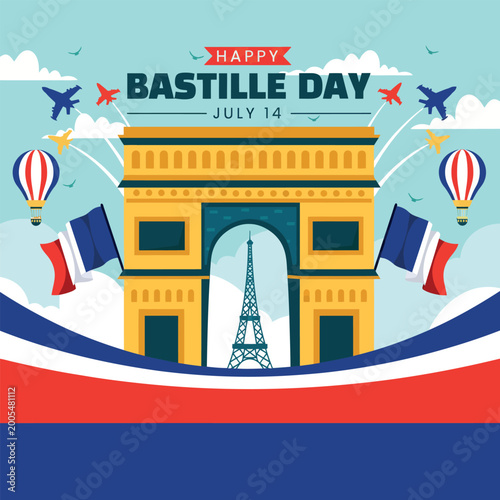 Happy Bastille Day July 14 Illustration, French National Day Celebration with Paris Landmarks