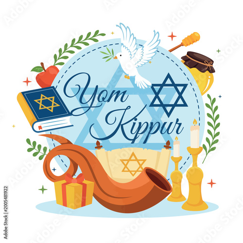 Yom Kippur Religious Holiday Illustration, Jewish Day of Atonement Traditional Symbols