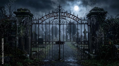 Eerie old cemetery gate bathed in mysterious moonlight on a foggy, desolate night, evoking a haunting atmosphere