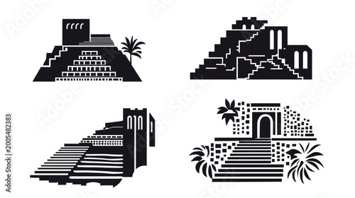 Four black and white illustrations of ancient ruins, temples and stairways on white background