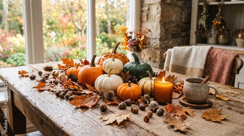 Cozy Autumn Table Setting with Pumpkins, Leaves, and Warm Beverages