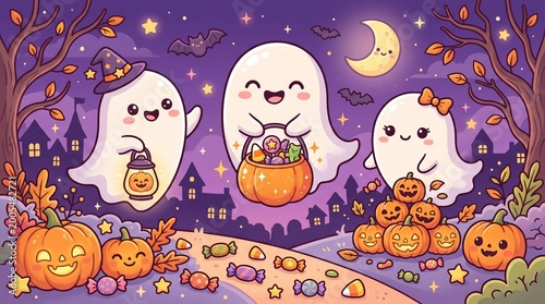 Enchanting nocturnal celebration with friendly ghosts and abundant pumpkins under a moonlit sky