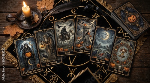 Mystical Halloween tarot cards with pumpkin and flickering candle on dark occult table for divination reading