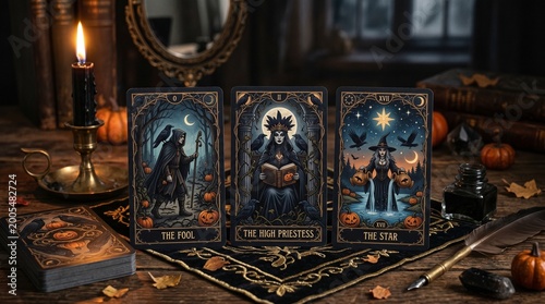 Enchanting Tarot Card Reading with Mystic Symbols and Glowing Candle, Ancient Wooden Table for Spellbinding Halloween Night