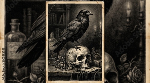 Vintage Dark Illustration A Raven Perched on an Ancient Human Skull Amidst Mystical Objects and Shadows