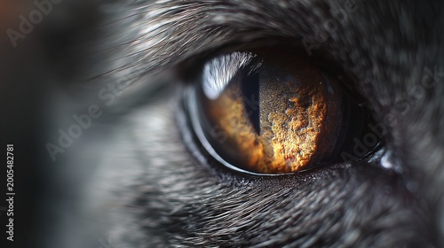 Close-up of cat eye with fiery amber iris and vertical pupil