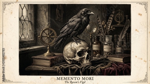 Symbolic contemplation Raven perched on a human skull, surrounded by antique wisdom and arcane relics