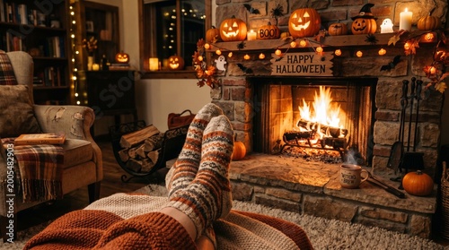 Cozy Fall Evening With Wool Socks By A Crackling Fireplace And Halloween Decorations