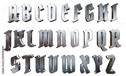 English alphabet with glossy chrome metallic letters, 3D render