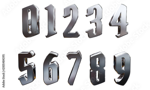 Numbers with glossy chrome metallic letters, 3D render