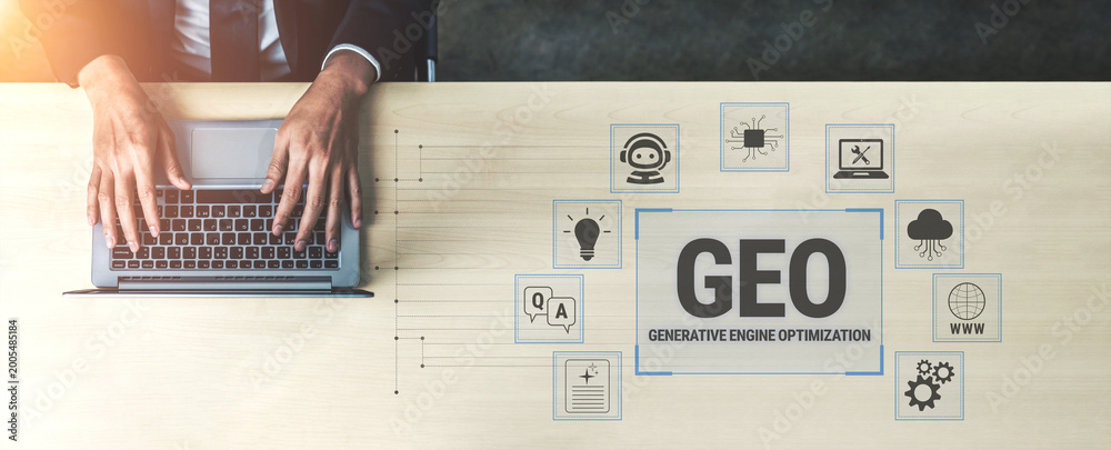 Naklejka premium Person Typing on Laptop with Generative Engine Optimization Icons and Text on Light Wooden Table in Modern Office Environment Fluxor.