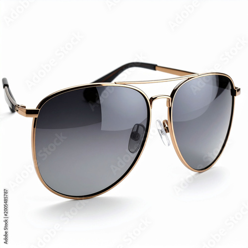 the image shows a pair of aviator style sunglasses against a white background. the frames are golden, supporting dark to light gradient lenses. thin black earpieces extend from the frame