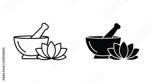 Bilde på lerret Holistic healing and traditional ayurvedic medicine icons featuring a mortar and pestle with a lotus flower in outline and solid styles for wellness and spa branding
