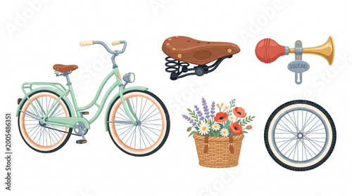 Vintage bicycle illustration set with classic green bike, brown saddle, retro horn, flower basket, and spare wheel