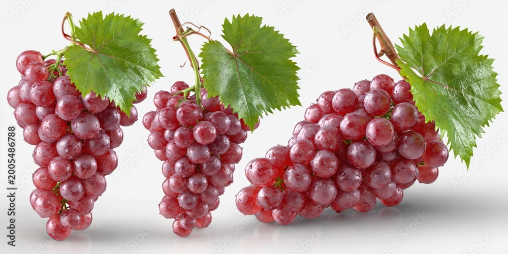 Naklejka premium Fresh Ripe Red Grapes with Green Leaves Isolated on White Background