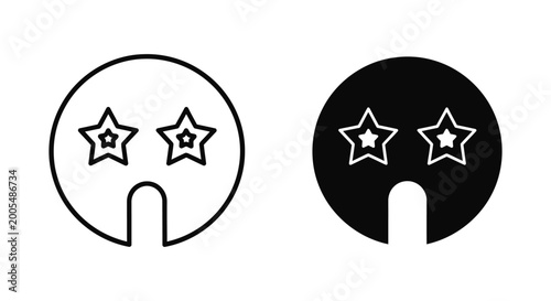 Quadro em tela Stylized celebrity mask icons featuring star-shaped eyes and circular silhouettes in minimalist black and white vector formats for entertainment and music industry branding