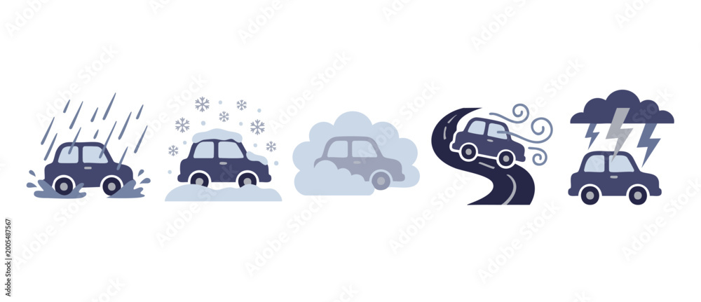Fototapeta premium Car driving in various weather conditions and road hazards icons set. Illustration of vehicles in rain, snow, fog, wind and thunderstorm, flat vector graphic design for safety and traffic concepts.