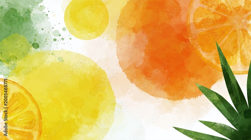 Fototapeta premium Vibrant Watercolor Citrus Fruit Slices and Abstract Splashes for Refreshing Summer Designs