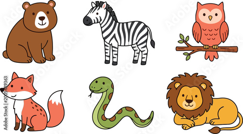 Canvas Print Wild animals set bear zebra owl fox snake and lion cartoon vector illustration c