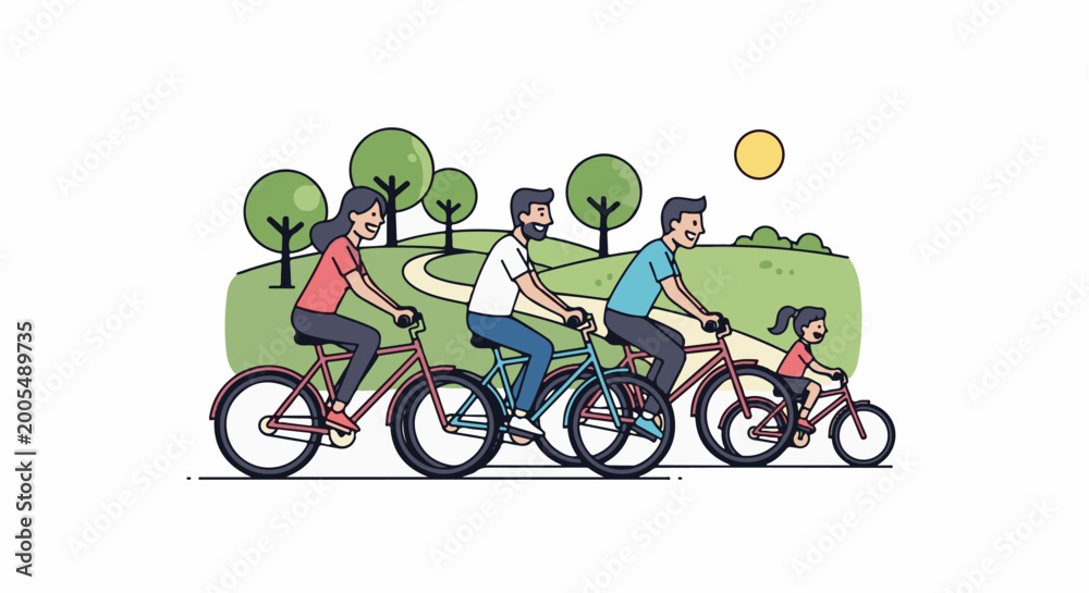 Obraz premium Family enjoys a sunny day riding bicycles through a park
