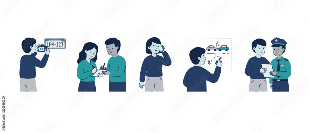 Fototapeta premium Car accident insurance claim process illustration, people documenting vehicle damage, filing report with police, calling help and sketching incident diagram, simple flat vector character set for busin