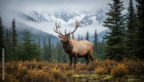 Bull elk with large antlers standing in misty mountain forest during autumn