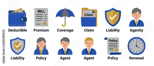 Insurance Icons Set, Professional Financial Protection Symbols and Business Concepts, Flat Vector Illustrations for Risk Management, Coverage, Claim, Deductible, Policy, Liability, and Insurance Agent