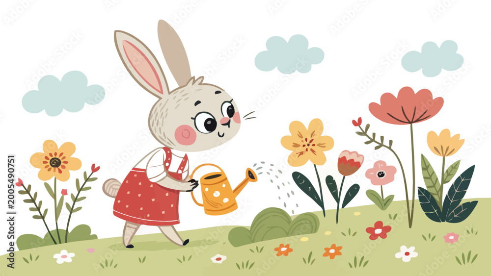 Fototapeta premium A cute cartoon rabbit watering colorful flowers in a garden on a sunny day