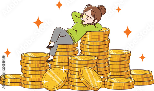 Obraz na plátne Woman relaxing on stack of gold coins vector illustration representing wealth su