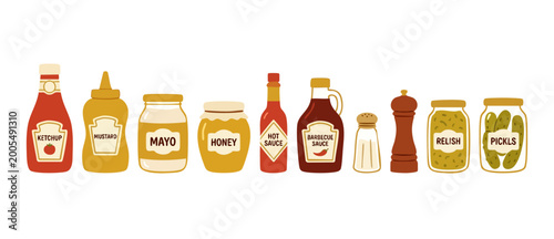 Obraz na plátně Condiment bottles and food jars collection set, ketchup mustard mayonnaise honey