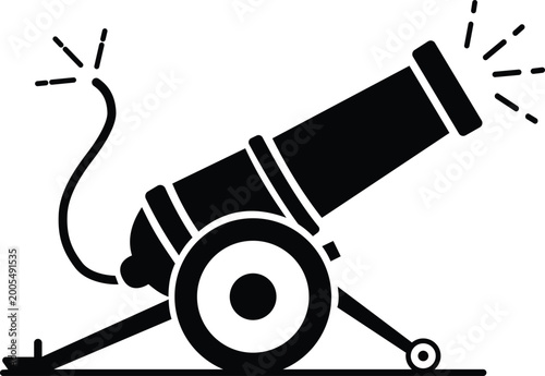 Photography Cannon firing with sparks icon silhouette on white background.